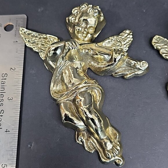 Vintage Cherubs Wall Decor Metal Angels Music Instrument Figures Golden Lot Of 2 - Picture 7 of 14